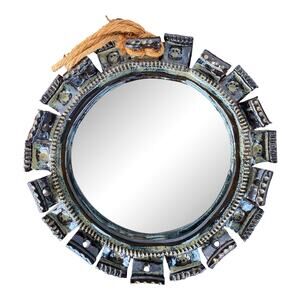 Mid Century Ceramic Wall Mirror, Hand Built Glazed Pottery Frame, 13 Inch